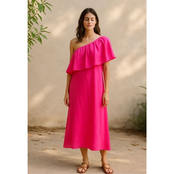Tuckernuck Pomander Place Florencia One Shoulder Ruffle Linen Blend Midi Dress P - Picture 1 of 9